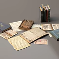 Vintage Books Collection With Open Manuscripts Old Papers And Decorative Covers