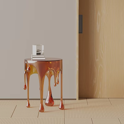 Modern Copper Side Table With Drip Design Legs And Glass Object In Contemporary Living Room Interior 3d model