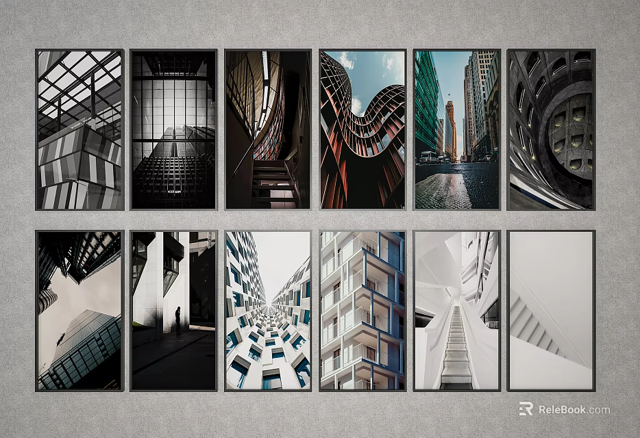 Modern Architectural Landscape Paintings With Black White And Colorful Building Structures 3d model 