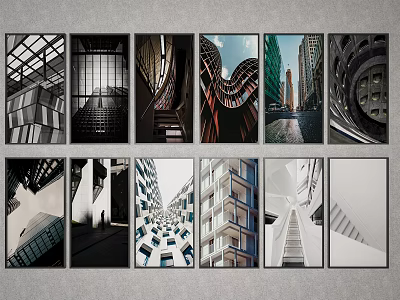 Modern Architectural Landscape Paintings With Black White And Colorful Building Structures 3d model
