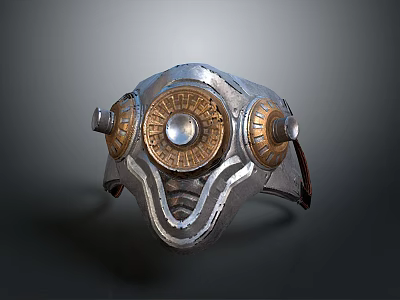 Futuristic Weapon Helmet in Silver and Gold with Metallic Texture Central Circular Dial and Side Components 3d model