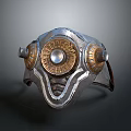 Futuristic Weapon Helmet in Silver and Gold with Metallic Texture Central Circular Dial and Side Components