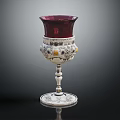 Decorative Furniture Accent with Red Glass Shade and Silver Ornate Base Featuring Detailed Decorative Patterns