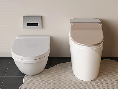Modern White Toilets With Golden Lid And Wall Panel On Tile Floor Mat 3d model