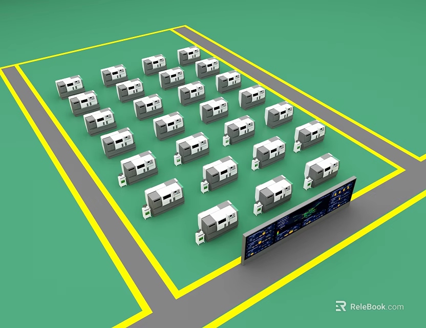 Arranged White Devices With Yellow Lines And Control Panel On Green Background 3d model