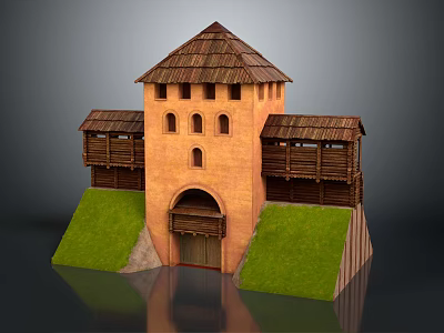 Medieval Brick Red Fortress Tower With Wooden Roof Galleries Green Grass Slopes And Arched Door 3d model