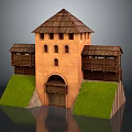 Medieval Brick Red Fortress Tower With Wooden Roof Galleries Green Grass Slopes And Arched Door