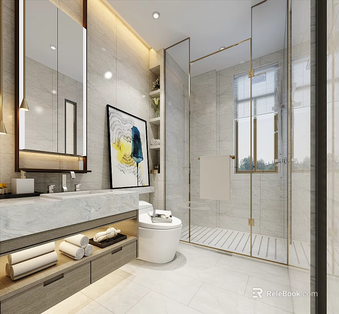 Modern Luxury Bright Bathroom With Marble Vanity Smart Toilet And Gold Framed Glass Shower Enclosure 3d model 