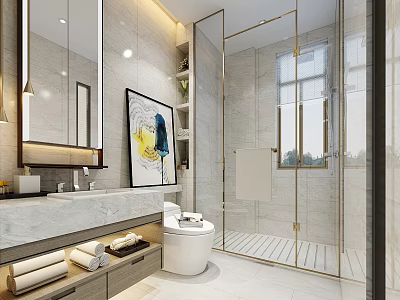 Modern Luxury Bright Bathroom With Marble Vanity Smart Toilet And Gold Framed Glass Shower Enclosure 3d model