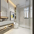 Modern Luxury Bright Bathroom With Marble Vanity Smart Toilet And Gold Framed Glass Shower Enclosure