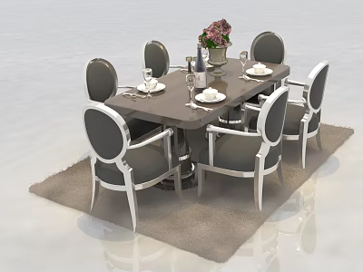 Modern Dining Table Set With Six Chairs Tableware Flower Vase And Rug 3d model