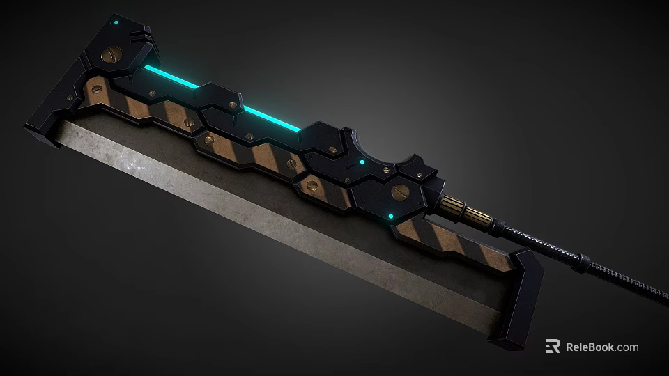 Futuristic Metallic Long Sword With Blue Glowing Stripe And Black Gold Accents 3d model 