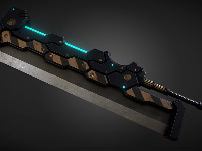 Futuristic Metallic Long Sword With Blue Glowing Stripe And Black Gold Accents 3d model