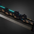 Futuristic Metallic Long Sword With Blue Glowing Stripe And Black Gold Accents