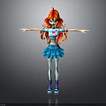 Child 3D Character with Red Long Hair Blue White Striped Top Blue Skirt Arms Outstretched