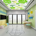 Bright Kindergarten Interior Design With Green Walls Leaf Patterned Ceiling Colorful Decorations And Numbered Floor