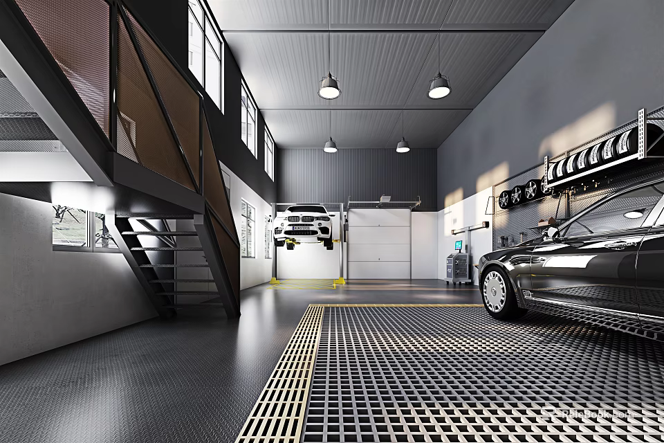 Modern Car Dealership Workshop Featuring Cars On Lift Tire Rack Black Floor Yellow Grid Lines 3d model 