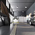 Modern Car Dealership Workshop Featuring Cars On Lift Tire Rack Black Floor Yellow Grid Lines