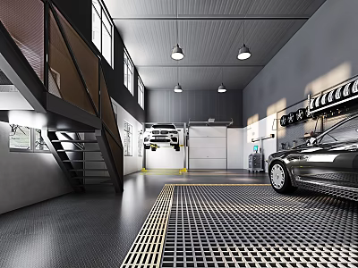 Modern Car Dealership Workshop Featuring Cars On Lift Tire Rack Black Floor Yellow Grid Lines 3d model