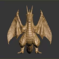 Golden Dragon Character Sculpture With Detailed Scales Shiny Wings And Reflection In Standing Pose