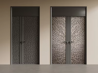 Modern Double Doors With Textured Stone Panels And Black Frames In Interior 3d model