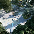 Garden Landscape Design With Lush Trees Winding Paths And Wooden Structures