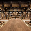 Traditional Chinese Reception Hall With Wooden Structure Long Tables Lanterns Symmetric Layout And Carved Decorations