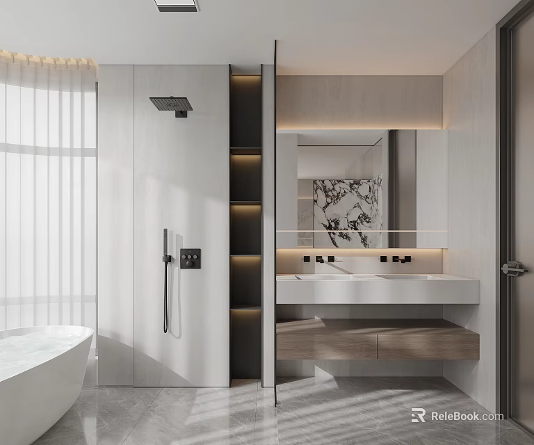 Modern Luxury Bathroom Interior With Freestanding Bathtub Double Vanity And Mirror Lighting 3d model 