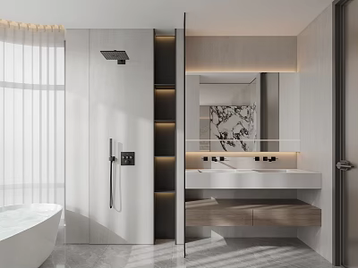 Modern Luxury Bathroom Interior With Freestanding Bathtub Double Vanity And Mirror Lighting 3d model