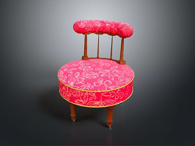 Pink Accent Chair with White Floral Pattern Yellow Trim Round Seat and Wooden Legs 3d model