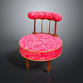 Pink Accent Chair with White Floral Pattern Yellow Trim Round Seat and Wooden Legs