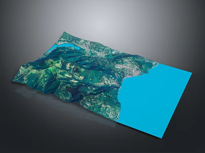 3D Topographic Map Model Showing Detailed Green Terrain And Blue Water Area 3d model
