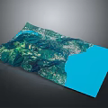 3D Topographic Map Model Showing Detailed Green Terrain And Blue Water Area