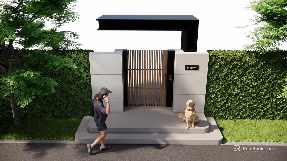 Modern Entrance Gate With Green Hedge Person Taking Photo And Dog Waiting 3d model 