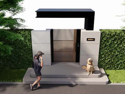 Modern Entrance Gate With Green Hedge Person Taking Photo And Dog Waiting 3d model