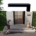 Modern Entrance Gate With Green Hedge Person Taking Photo And Dog Waiting