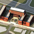 Modern School Building With Red Brick Exterior Surrounded by Trees and Plaza With Students Activities