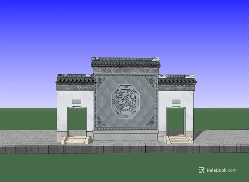 Chinese Traditional Building Exterior Wall with Carved Pattern Symmetric Doors and Tile Roof 3d model 