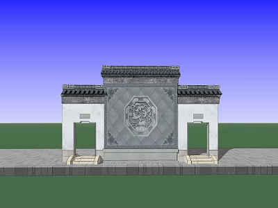 Chinese Traditional Building Exterior Wall with Carved Pattern Symmetric Doors and Tile Roof 3d model
