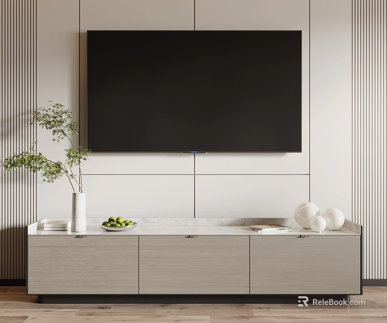 Modern TV Stand With Television And Decorative Items Like Potted Plant Fruit Bowl 3d model 
