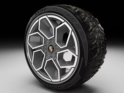 Porsche Logo Featured Wheel Rim With Hexagonal Design And Tire Tread Pattern 3d model