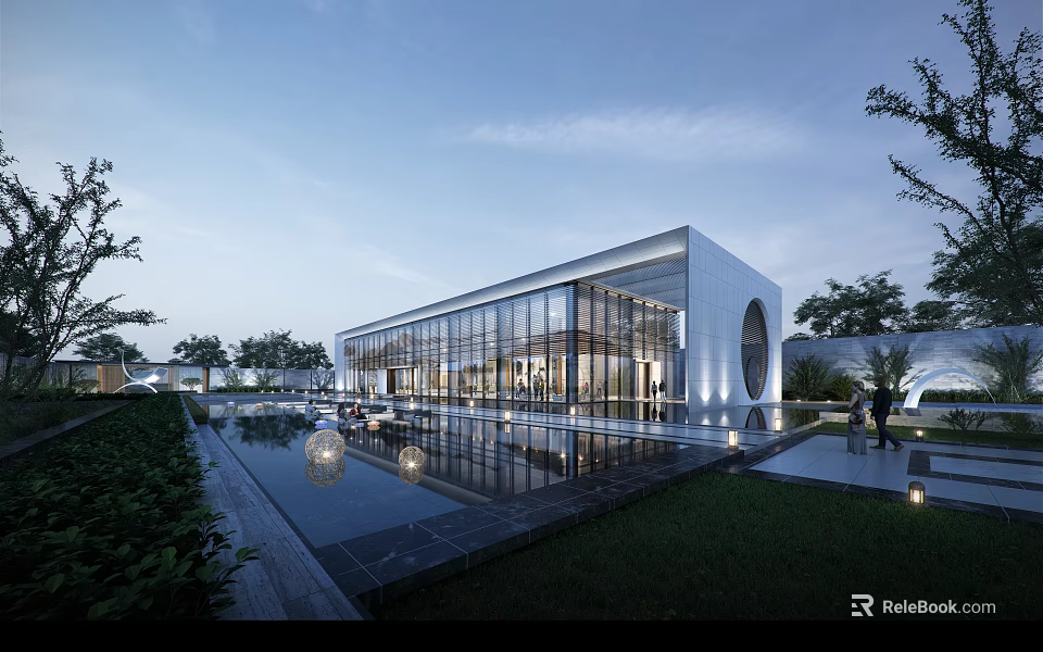 Elegant Modern Sales Office Building With Glass Curtain Wall And Reflective Water Pool 3d model 