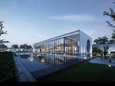 Elegant Modern Sales Office Building With Glass Curtain Wall And Reflective Water Pool 3d model