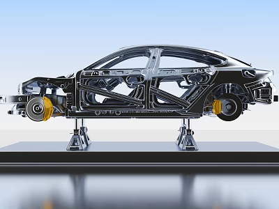 Car Showroom Featuring Vehicle Frame Structure With Chassis And Support Stands 3d model