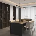 Modern Restaurant Interior With Dark Cabinets Central Island White Chairs And Potted Plant