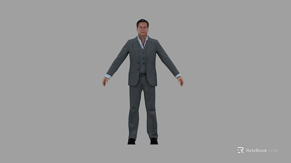 Man in Gray Suit Standing with Arms Outstretched on Gray Background 3d model 