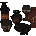 Various Ancient Ceramic Vessels with Painted Human Figures and Ornate Patterns 3d model