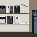 Stylish Modern Household Appliances On Shelves Featuring Coffee Maker Water Dispenser And Purifier