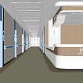 Hospital Outpatient Clinic Corridor Featuring Nurse Station White Walls Blue Doors And Ceiling Lights