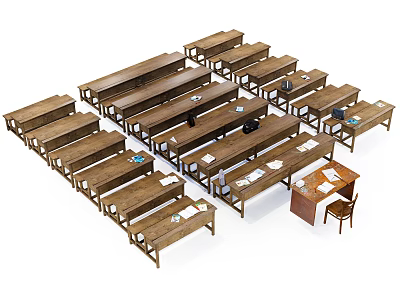 Multiple Wooden Desks Arranged in Rows with Office Supplies on Surface 3d model